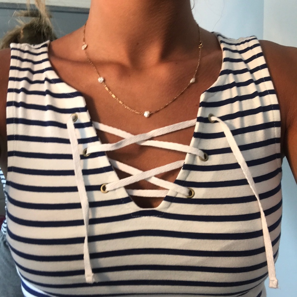 H&M Navy and White Striped Lace Up Tank Top